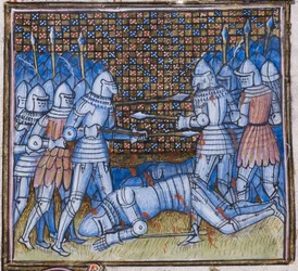 Add. 38659 fol.170, Morte de Sir John Chandos. Uma batalha medieval, iluminura de «Chroniques de France et d