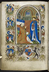 Adicionar Ms 18850 f.256v, Duque de Bedford antes de São Jorge, do Livro de Horas (As Horas de Bedford) c.1410-30 (tinta, cor e ouro em pergaminho)