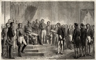 Discurso do 221 - O estadista liberal Roy- Collard apresenta o discurso do 221 - Pierre Paul Royer-Collard lendo ao rei francês Charles X o discurso do 221 para protestar contra o Acórdão em 1830 - Pierre Paul Royer Collard (1763-1845) (Royer-Collard) pré
