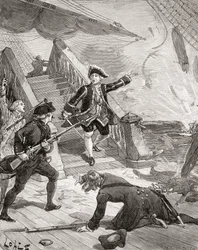 O almirante Suffren no Oceano Índico durante a sua campanha contra os ingleses no século XVIII, da "Histoire de France", publicada por volta de 1880 (gravura)