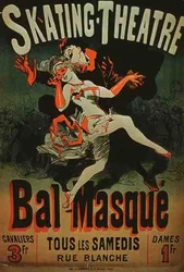 Anúncio para um "Baile de Mascaramento de Teatro de Patinagem" (cor litho)