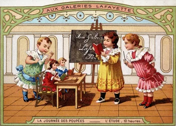 Cartão publicitário para Galeries Lafayette: meninas brincando como professoras, com suas bonecas.