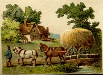 Cromos publicitários, cortados à medida segundo os contornos dos desenhos representados, muito em voga no início do século XX e destinados a serem recortados e colados em álbuns, Cena rural, início do século XX (cromolitografia)