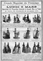 Publicidade para a abertura da exposição geral e a venda dos recém-chegados à estação do verão (coleção de verão) nas lojas de departamento Printemps em Paris. Gravação em "L