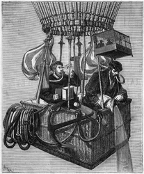 Aeronáutica: a ascensão do balão "Polar Star" em 1874. Para combater problemas respiratórios encontrados a grande altitude, as duas aeronáuticas equiparam balões contendo oxigênio e inalaram através da boca usando uma mangueira de borracha. Gravação em "Le