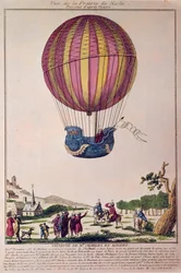 Aeróstato: a segunda tentativa de voar num balão. Charles e Robert descem na pradaria de Nesle, perto de Paris, após uma viagem num balão de gás hidrogénio em 01/12/1783. Gravura do século XVIII.