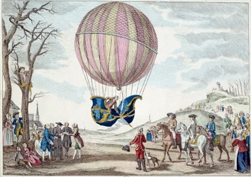 Aeróstato: a segunda tentativa de voar num balão. Subida do balão de gás hidrogénio de Charles e Robert na Prairie de Nesle, perto de Paris, em 01/12/1783. Gravura anónima do século XVIII. Paris, artes decorativas