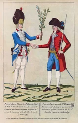 Retrato de época de Sieur Harne, granadeiro, e Sieur Humbert, relojoeiro. Foram os primeiros homens a ser atacados durante a tomada da Bastilha, em 14 de julho de 1789. Gravura de 1790.