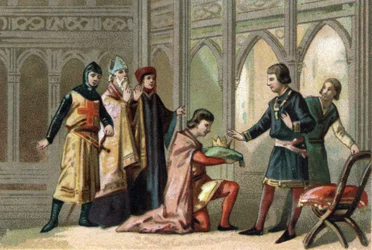 Após a morte de Luís X, a coroa voltou ao seu irmão mais novo, Philippe V dit Le Long (1294-1322). A cena é assistida pelas três ordens feodais. Cromolitografia por volta de 1890.