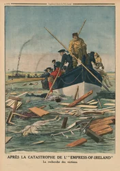 Após o desastre da Imperatriz da Irlanda, em busca das vítimas, ilustração da capa do "Le Petit Journal", suplemento ilustrado, 14 de junho de 1914