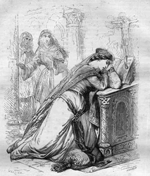 Agnes de Meranie ou Meran (1172-1201), rainha da França, foi enviada ao convento pelo rei Filipe Augusto. Gravação em "História dos Papas (...) Crimes da Rainha Rei e Imperadores através dos séculos" por Maurice Lachatre
