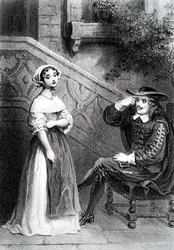 Agnes com seu tutor Arnolphe, da Escola de Esposas, de Moliere