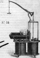 Máquina agrícola: uma forja de duplo pistão de vento apresentada no concurso agrícola de Paris, em 1860. Gravura no "Le Monde Illustré" n°172 de 28 de Julho de 1860.