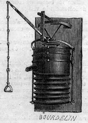Máquina agrícola: um fole de forja apresentado no concurso agrícola de Paris, em 1860. Gravura no "Le Monde Illustré" n°172 de 28 de Julho de 1860.