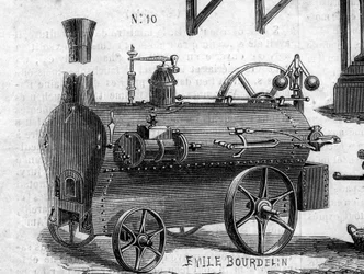 Máquina agrícola: um locomóvel apresentado no concurso agrícola de Paris, em 1860. Gravura no "Le Monde Illustré" n°169 de 7 de Julho de 1860.