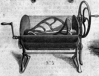 Máquina agrícola: uma petrina mecânica para panificação apresentada na Exposição Agrícola de 1860 em Paris. Gravura no "Le Monde Illustré" n°168 de 30 de junho