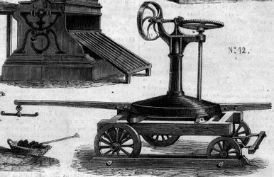 Máquina agrícola: um maneio portátil apresentado no concurso agrícola de Paris, em 1860. Gravura no "Le Monde Illustré" n°169 de 7 de Julho de 1860.