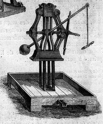 Máquina agrícola: uma imprensa apresentada na Exposição Agrícola de 1860, em Paris. Gravura no "Le Monde Illustré" n°168 de 30 de junho