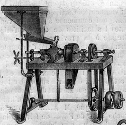 Máquina agrícola: um pequeno moinho na Exposição Agrícola de 1860 em Paris. Gravura em "Le Monde Illustré" n¡168 de 30 de Junho de 1860.