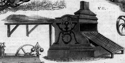 Máquina agrícola: uma debulhadora apresentada no concurso agrícola de Paris, em 1860. Gravura no "Le Monde Illustré" n°169 de 7 de Julho de 1860.