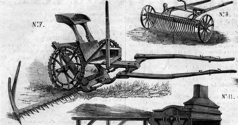 Máquina agrícola: um cortador de relva americano apresentado no concurso agrícola de Paris, em 1860. Gravura no "Le Monde Illustré" n°169 de 7 de Julho de 1860.