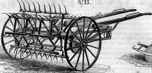 Máquina agrícola: um tedder inglês de dupla ação apresentado no concurso agrícola de Paris, em 1860. Gravura no "Le Monde Illustré" n°172 de 28 de Julho de 1860.