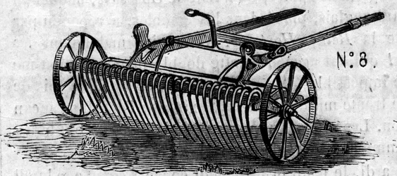 Máquina agrícola: um ancinho inglês apresentado no concurso agrícola de Paris, em 1860. Gravura no "Le Monde Illustré" n°169 de 7 de Julho de 1860.