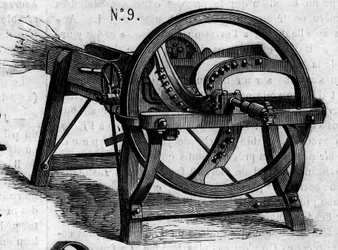 Máquina agrícola: um machado de palha inglês apresentado no concurso agrícola de Paris, em 1860. Gravura no "Le Monde Illustré" n°169 de 7 de Julho de 1860.