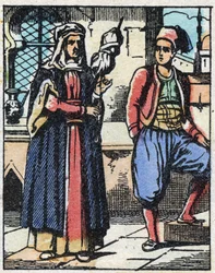 Aladin e a sua mãe a viver do seu trabalho. Gravação do conto das Mil e Uma Noites "Aladino e a Lâmpada Maravilhosa". Imagem epinal, finais do século XIX. Coleção particular.