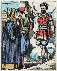 Aladin e a mãe dele esfregaram a lâmpada mágica e fizeram o génio aparecer. Gravação do conto das Mil e Uma Noites "Aladin e a Lâmpada Maravilhosa". Imagem epinal, finais do século XIX. Coleção particular.