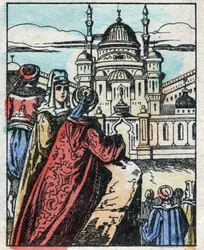 Aladin deseja que o Génio construa um sumptuoso palácio em frente ao palácio do Sultão. Gravação do conto das Mil e Uma Noites "Aladino e a Lâmpada Maravilhosa". Imagem epinal, finais do século XIX. Coleção particular.