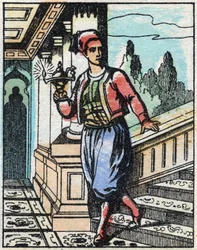 Aladin com a lâmpada mágica não encontra mais o seu caminho. Gravação do conto das Mil e Uma Noites "Aladin e a Lâmpada Maravilhosa". Imagem epinal, finais do século XIX. Coleção particular.