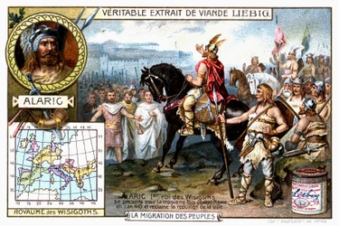 Alaric 1er, rei dos visigodos, apresenta-se pela terceira vez antes de Roma em 410 e exige a rendição da cidade - Liébig vinheta publicitária