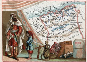 Argélia na África e a Província de Oran, França. Série sobre os Departamentos franceses. Importação de Figos, Algodão, Tabaco, Agathe e Chumbo. Cromolitografia (Chromo) "o fio geográfico", cerca de 1920. Coleção particular.