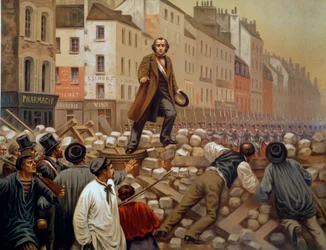 Alphonse Baudin (1811-1851) na barricada do Faubourg Saint Antoine em 3/12/1851 durante o golpe de Estado de Luís Napoleão III (Luís-Napoleão Bonaparte) Gravura de 1851