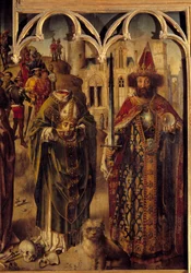 Altarpe do Parlamento de Paris: detalhe da parte direita representando o mártir cristão São Dinis de Paris (século III) é decapitado e tem a cabeça nas mãos, ao lado do Imperador Carlos Magno (742-814) como imperador bizantino. O cão é um