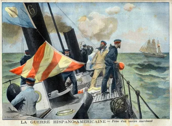 Guerra Hispano Americana (ou Desastre de 98) - A Guerra Hispano Americana: captura de um navio mercante. A Guerra Hispano-Americana - Captura de um navio mercante. Ilustração para o Le petit Journal