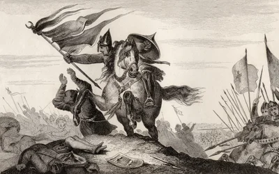 Um cavaleiro francês do século VIII em combate, da "Histoire de France" de Colart, publicada por volta de 1840 (gravura)