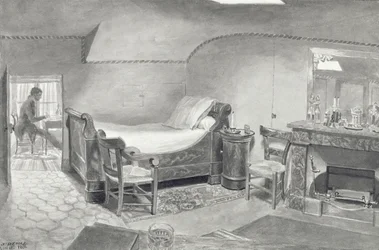 Um interior do sótão de um artista em Paris, c.1830 (caneta e tinta sépia e sépia wc no papel)