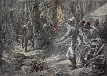 Um viajante inglês Lloyd descobre os pigmeus enquanto explora a África. Gravura em “” Le Pelerin ”” 04-08-1899.