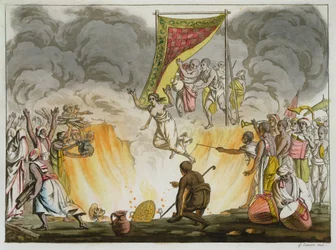 Uma viúva indiana queima a morte com seu corpo de maridos, prato 30 de um livro sobre a Índia, gravado por Gaetano Zancon (1771-1816)