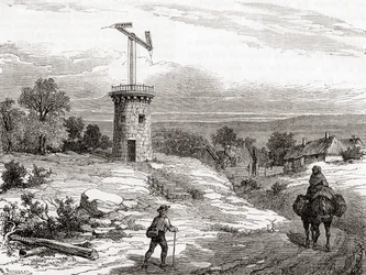 Um posto telegráfico aéreo no século XVIII, de Les Merveilles de la Science, publicado c.1870 (gravura)
