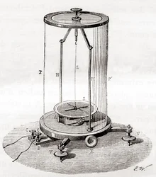 Um galvanómetro antigo, um tipo de amperímetro, um instrumento de medição utilizado para medir a corrente eléctrica num circuito, de Les Merveilles de la Science, publicado por volta de 1870 (gravura)