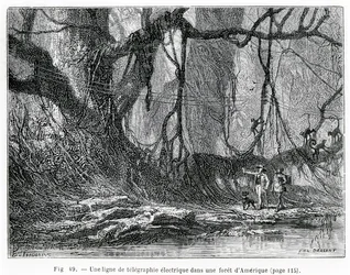 Uma linha telegráfica elétrica em uma floresta americana, c.1870 (gravura)