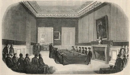 Um exame na sala de aula da Faculdade de Direito de Paris - Gravação em "Tableau-de-Paris" de Edmond Texier 1852