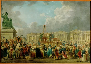 Uma execução na Praça da Revolução, antiga Praça Luís XV, atual Praça da Concórdia, Paris ... (óleo sobre madeira)