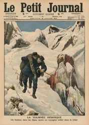 Uma rodada heróica, um carteiro alpino resgatando um viajante preso na neve, ilustração da capa do &39;Le Petit Journal&39;, suplemento ilustre, 18 de janeiro de 1914
