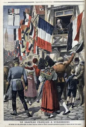 Um antigo soldado francês em Estrasburgo ocupada pela Alemanha pode exibir a bandeira francesa - "Le Petit Journal" 20 de Setembro de 1908 (gravura)