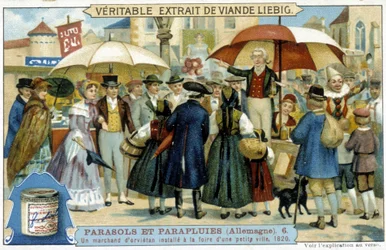 Um comerciante orvietano (charlatão) instalado na feira de uma pequena cidade na Alemanha - Etiqueta publicitária Liébig, v.1900