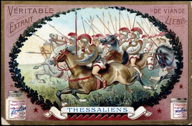 Grécia Antiga: A Tessália na Antiguidade. Ataque da cavalaria tessálica contra os romanos. Cromolitografia de Liebig do final do século XIX.